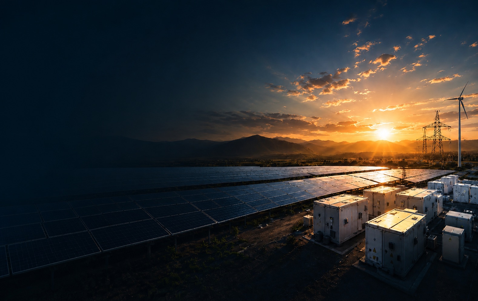 Industrial solar installation, battery storage and factory at sunset